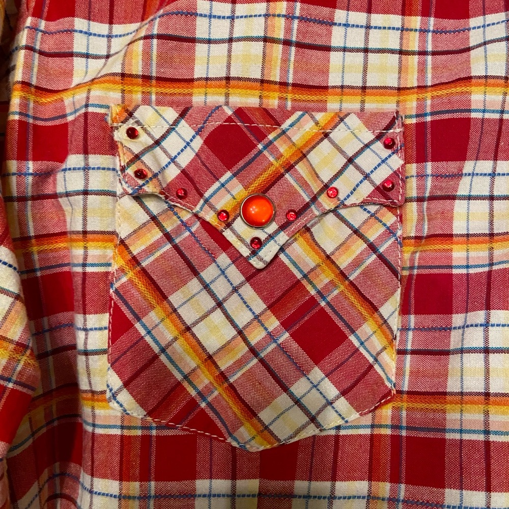 Western Plaid Button-Up Shirt - Red and White Pearl snap - Picture 4 of 5